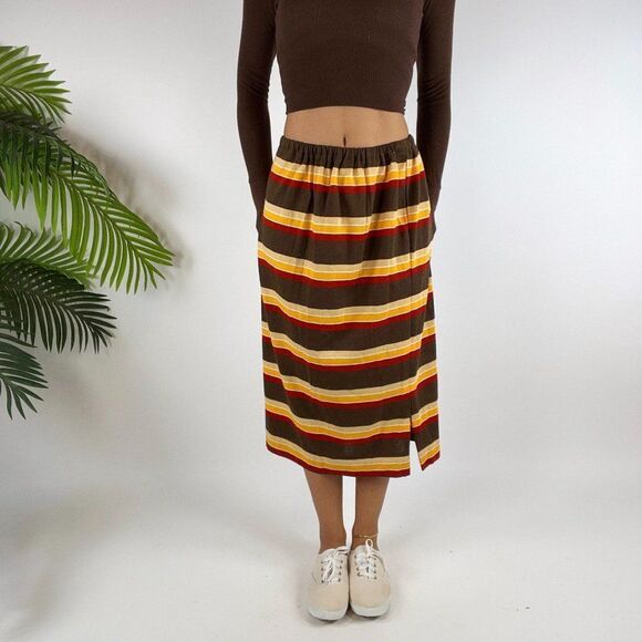 Vintage Y2K Brown Striped Low Rise Beachy Boho Retro Midi Skirt / Size: Small - Picture 2 of 5